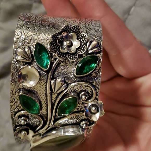 New Unique Jasper and Green Quartz Adjustable Cuff 925 Silver Bracelet. - Picture 3 of 9